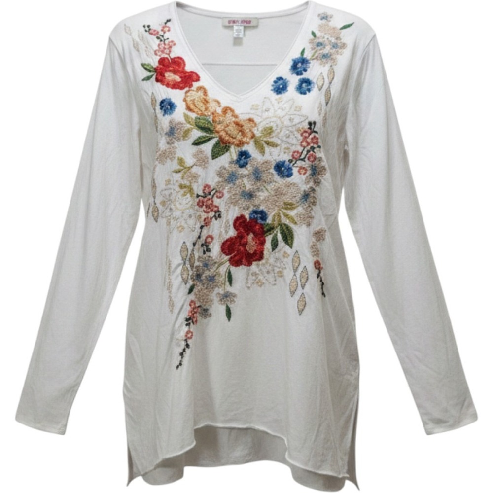 Johnny Was White Cotton Floral Embroidered V-Neck Tunic Top Med Raw Edge Cottage